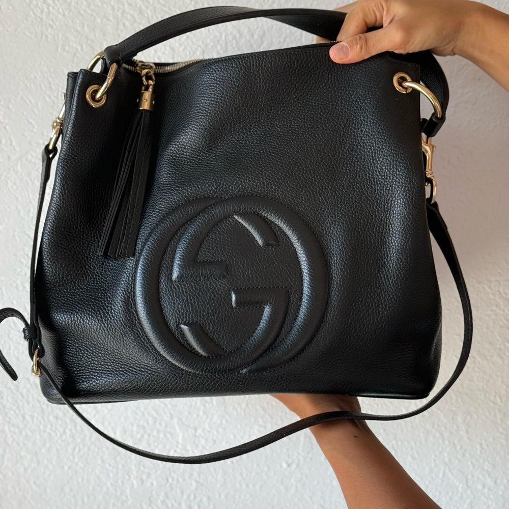 Gucci Soho Black Pebbled Leather GG Large Handle Shoulder Crossbody Hobo Bag